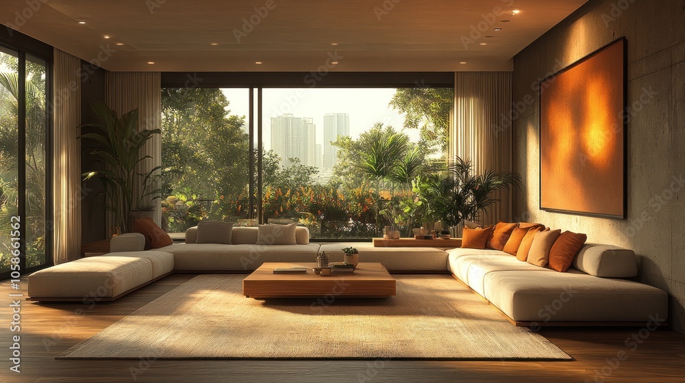 Modern living room with large windows and natural decor. Modern living room with large windows and natural decor.