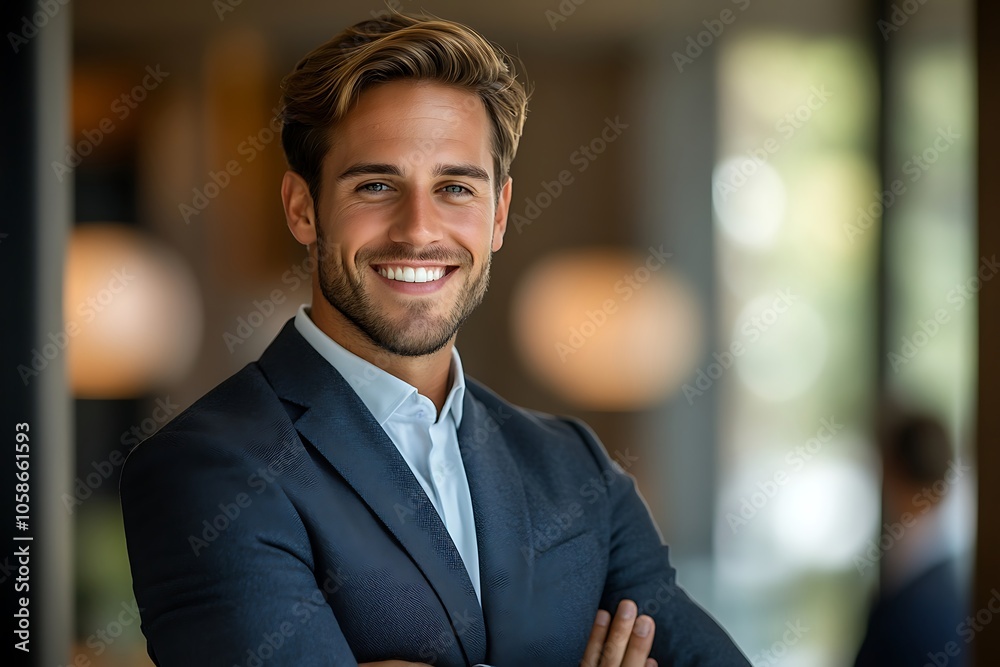 Confident Businessman in Suit, White Shirt, Arms Crossed, Smiling Headshot Confident Businessman in Suit, White Shirt, Arms Crossed, Smiling Headshot