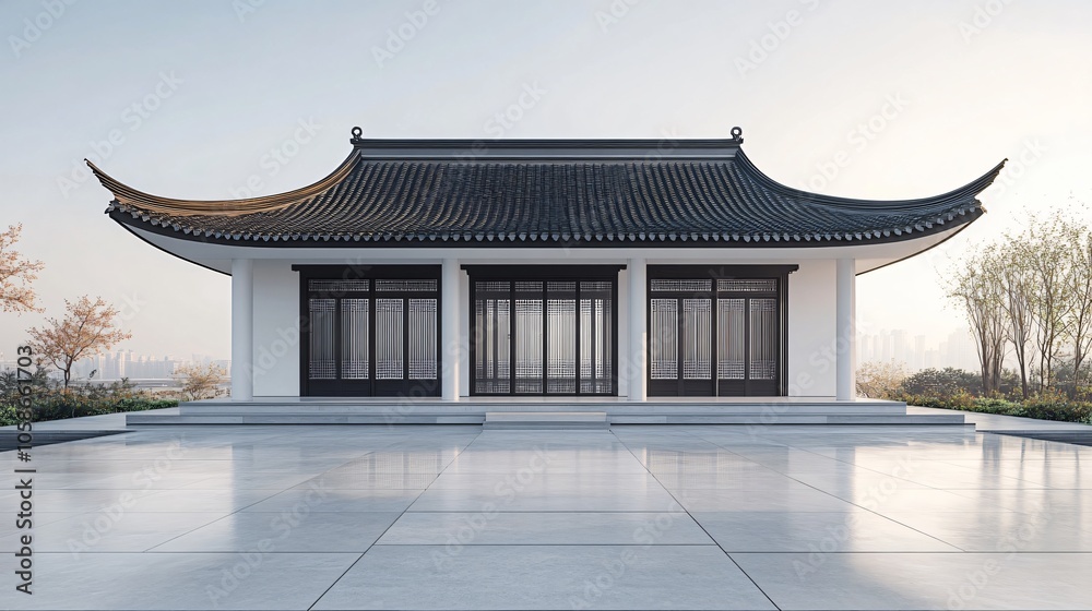 Fototapeta premium Traditional Chinese Anhui Hui-style Architecture with White Background, Platform, Roads, Parking Lots, and Brick Pavements for Car Advertisement Background