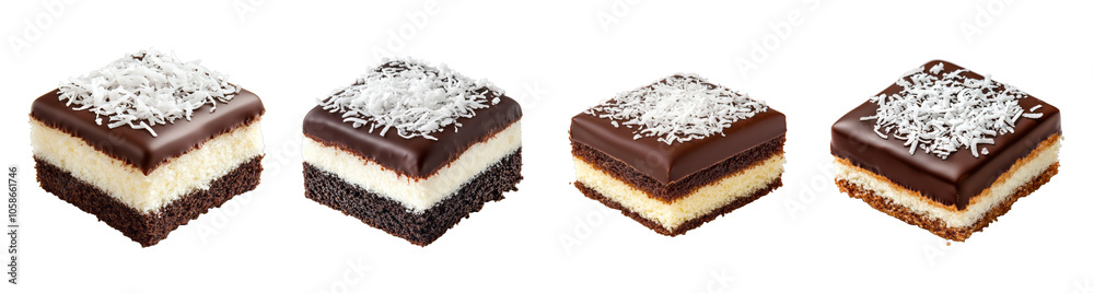 A set of four chocolate and coconut-covered desserts isolated on a transparent background, perfect for Christmas indulgence concepts A set of four chocolate and coconut-covered desserts isolated on a transparent background, perfect for Christmas indulgence concepts