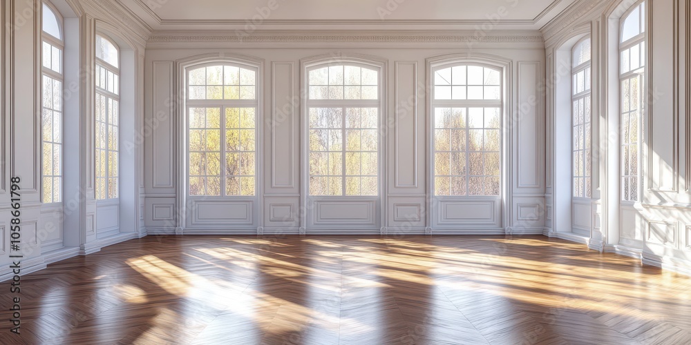 Empty classic interior with white panel molding and wooden floor, ideal for design concepts.