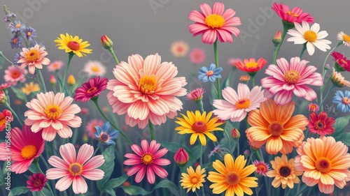 Beautiful illustration of vibrant blooming flowers with soft petals, blooming, botanical, vibrant