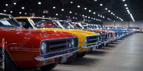 Rows of classic cars on display at a famous automotive exhibition, celebrating vintage design.