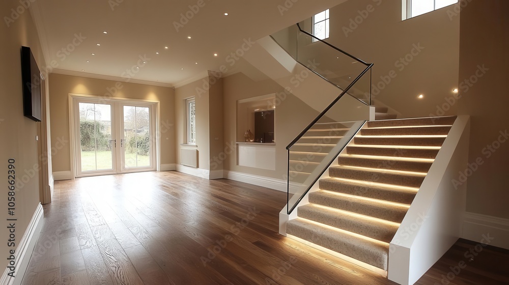 Obraz premium contemporary interior design featuring a beautifully crafted glass staircase, blending seamlessly with warm wooden elements, creating an elegant and inviting atmosphere