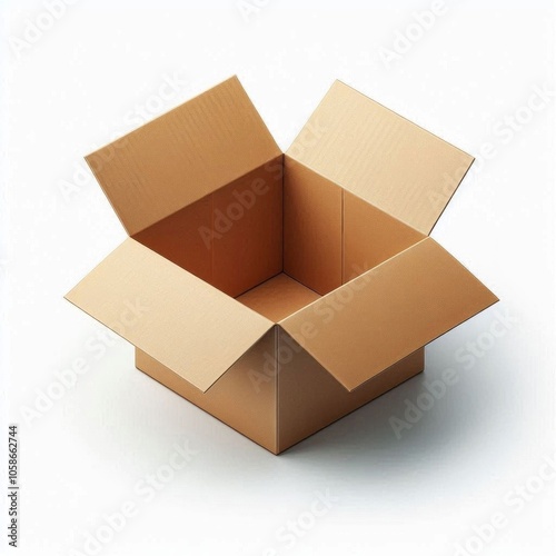 An open, empty cardboard box on a white background. Generated with AI.