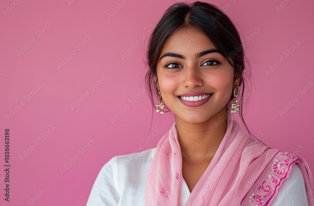 A beautiful, young, attractive, good-looking Indian woman wearing a white shirt and pink shawl, smiling at the camera A beautiful, young, attractive, good-looking Indian woman wearing a white shirt and pink shawl, smiling at the camera