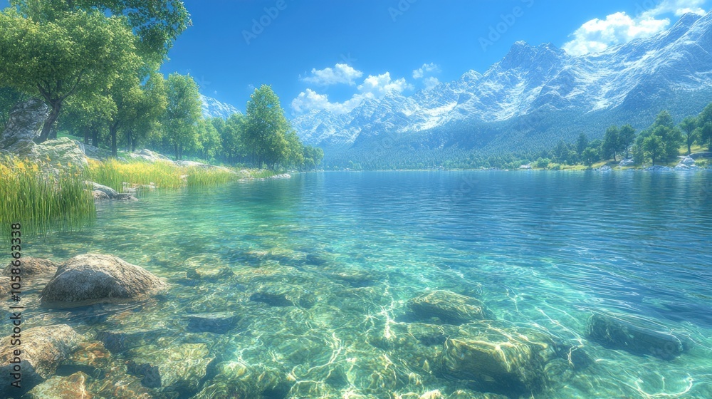 Serene lake surrounded by mountains and lush greenery. Serene lake surrounded by mountains and lush greenery.