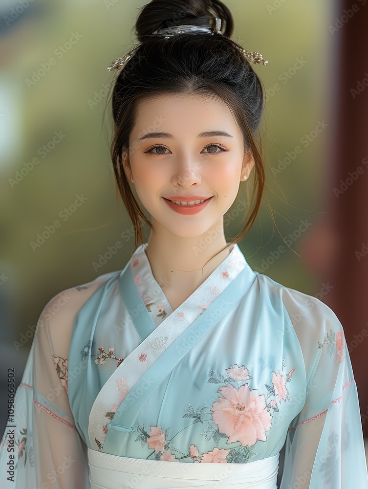 A beautiful young woman, wearing a light blue Hanfu with pink floral patterns on the skirt and white gauze around her neck, smiles. A beautiful young woman, wearing a light blue Hanfu with pink floral patterns on the skirt and white gauze around her neck, smiles.