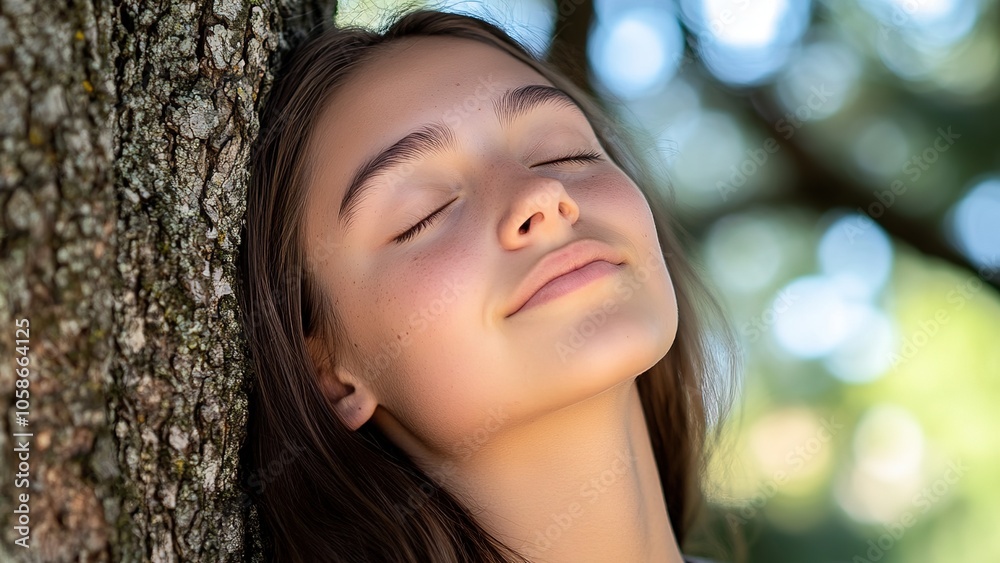 woman Leaning Against a Large Tree with Eyes Closed, Serene Face and Contented Smile, Soft Natural Light Filtering Through the Blurred Forest woman Leaning Against a Large Tree with Eyes Closed, Serene Face and Contented Smile, Soft Natural Light Filtering Through the Blurred Forest
