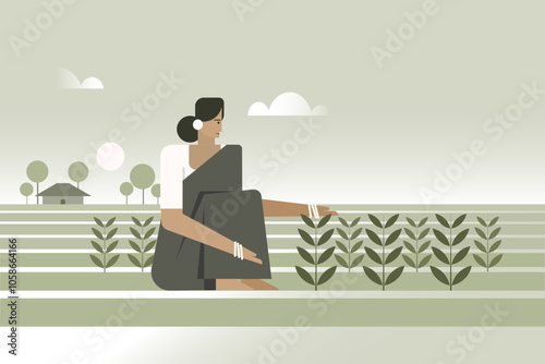 Illustration of an Indian farmer woman nurturing the plants in the field 