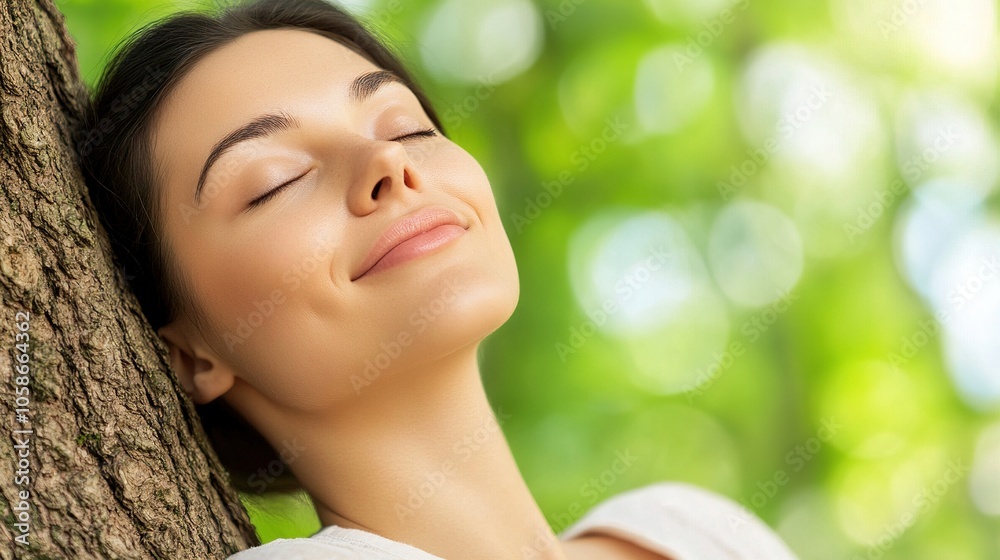 woman Leaning Against a Large Tree with Eyes Closed, Serene Face and Contented Smile, Soft Natural Light Filtering Through the Blurred Forest