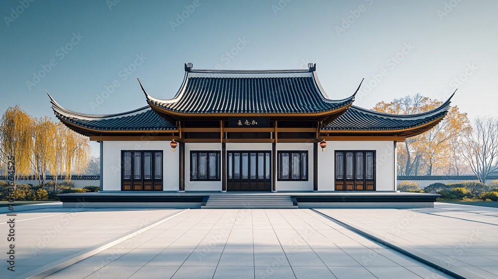 Traditional Chinese Anhui Hui-style Architecture with White Background, Platform, Roads, Parking Lots, and Brick Pavements for Car Advertisement Background Traditional Chinese Anhui Hui-style Architecture with White Background, Platform, Roads, Parking Lots, and Brick Pavements for Car Advertisement Background