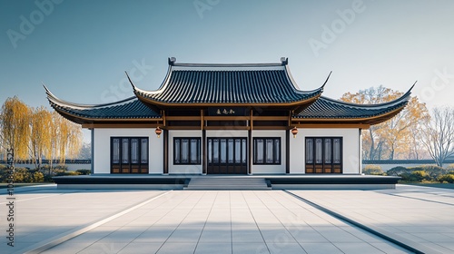 Traditional Chinese Anhui Hui-style Architecture with White Background, Platform, Roads, Parking Lots, and Brick Pavements for Car Advertisement Background
