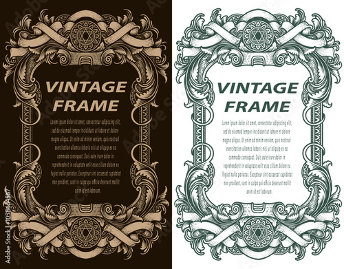 Vintage border frame engraving with antique ornament pattern - Vector EPS 10