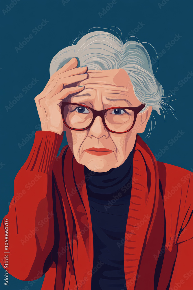 Gray-haired old woman, holding her head, suffering from headache. Sad pensioner in a burgundy sweater on a blue background. Gray-haired old woman, holding her head, suffering from headache. Sad pensioner in a burgundy sweater on a blue background.