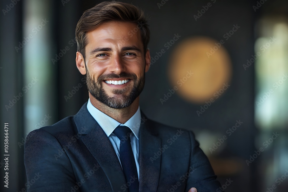 Confident Businessman Portrait - Navy Blue Suit, Smiling Confident Businessman Portrait - Navy Blue Suit, Smiling