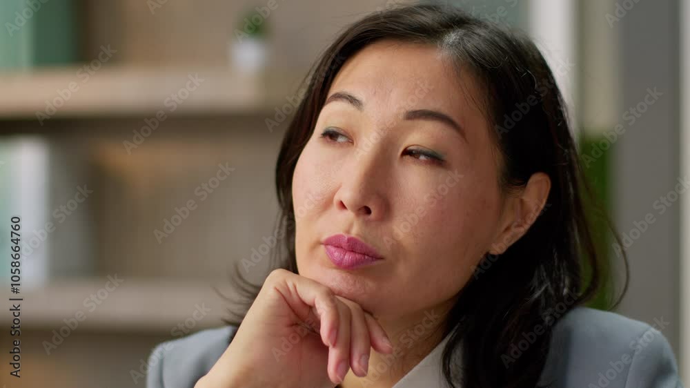 Thoughtful pensive Asian girl businesswoman chinese korean japanese female think deep thoughts problem solution decision close up thinking business woman doubt consider brainstorm analyze in office Thoughtful pensive Asian girl businesswoman chinese korean japanese female think deep thoughts problem solution decision close up thinking business woman doubt consider brainstorm analyze in office