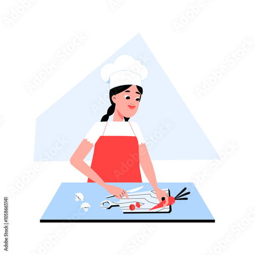 Female Chef Cutting Vegetables In Flat Vector Illustration Symbolizing Culinary Skills, Cooking Preparation, And Healthy Eating, Isolated On White Background