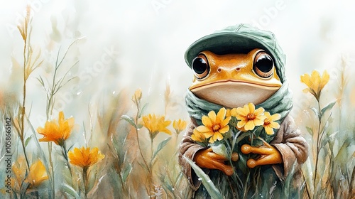 Cartoon Frog Holding a Bouquet