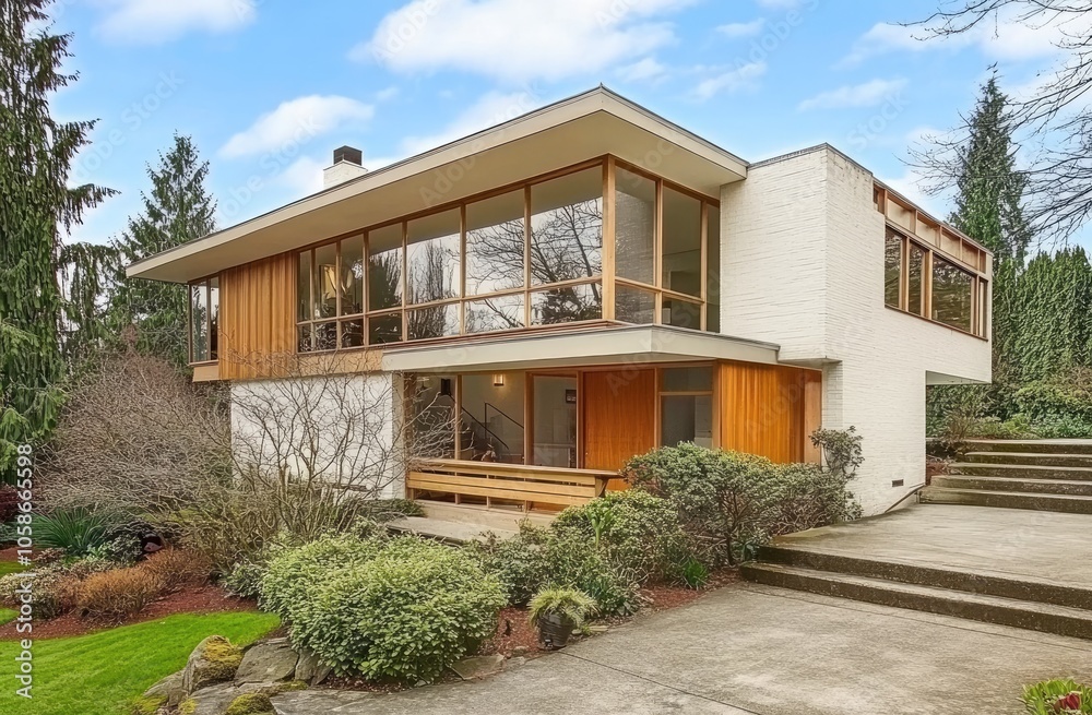 A modern, two-story home with light wood accents and white stucco walls A modern, two-story home with light wood accents and white stucco walls