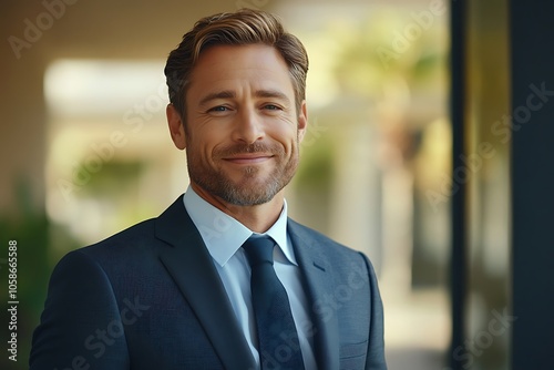 Confident Businessman Portrait Blue Eyes, White Shirt, Suit photo