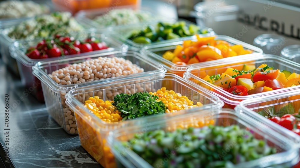 Obraz premium Vibrant Meal Prep Featuring Fresh Vegetables, Nutritious Grains, and Lean Proteins in Clear Plastic Containers, Representing Thoughtful Diet Planning and Health-Conscious Portion Control for Balanced 