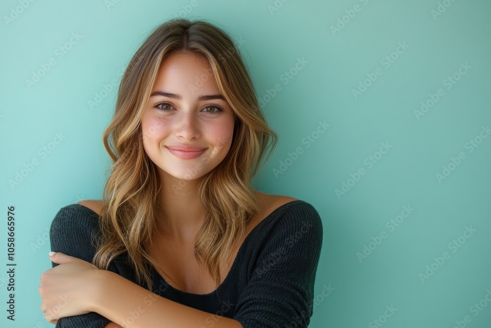 Self care and self esteem concept, Happy young beautiful woman hugging herself isolated on the background, Generative AI Self care and self esteem concept, Happy young beautiful woman hugging herself isolated on the background, Generative AI