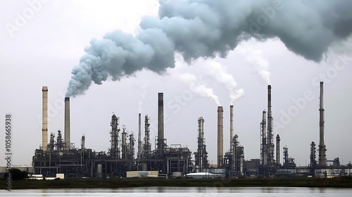 Smokestacks of a manufacturing plant billowing toxic fumes above a serene waterway, illustrating the negative impact of industrial pollution on natural ecosystems.