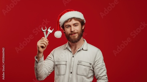 A mechanic in a white work shirt wearing a Santa hat smiles while holding tools against a bright red background during the holiday season