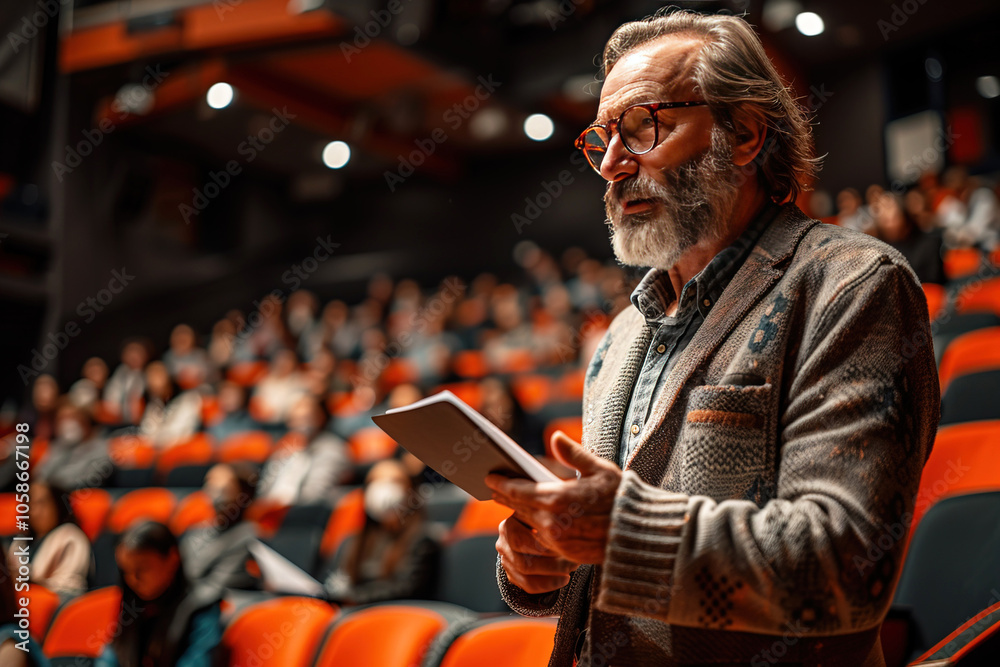 Male lecturer teacher reads knowledge lesson at university to group of students, college with audience screen. Male lecturer teacher reads knowledge lesson at university to group of students, college with audience screen.