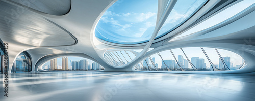 Modern minimalist futuristic architectural space with a square platform, ideal for showcasing cars or other products. The fluid design highlights clean lines and open spaces