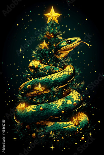 Chinese New Year design vector illustration of a snake and Christmas Eve on a solid black background. design for cards, stickers, calendars, and banner 