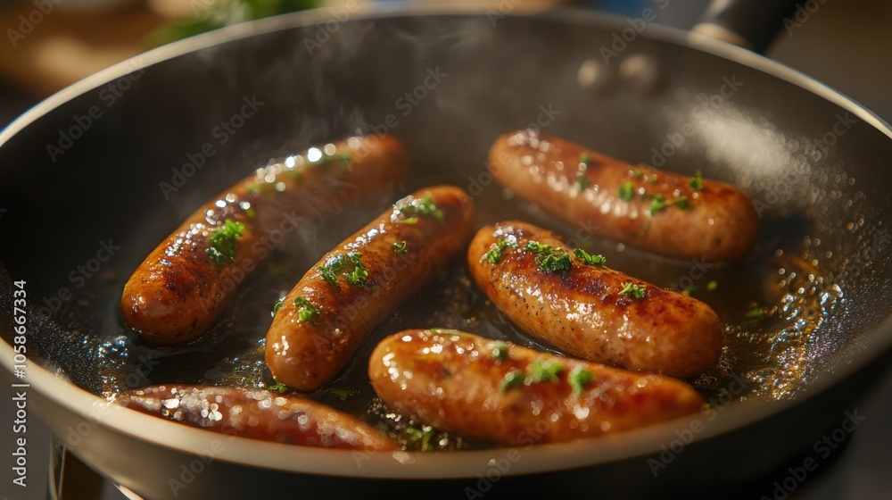 Sausages frying in a pan, with golden edges and a sprinkle of fresh herbs Sausages frying in a pan, with golden edges and a sprinkle of fresh herbs