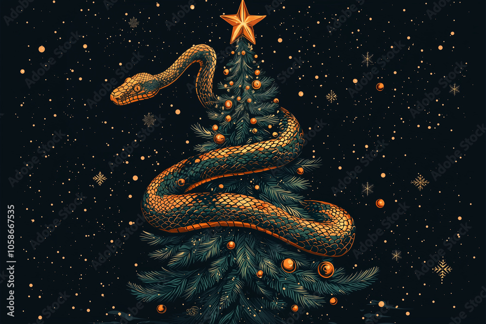 Chinese New Year design vector illustration of a snake and Christmas Eve on a solid black background. design for cards, stickers, calendars, and banner 