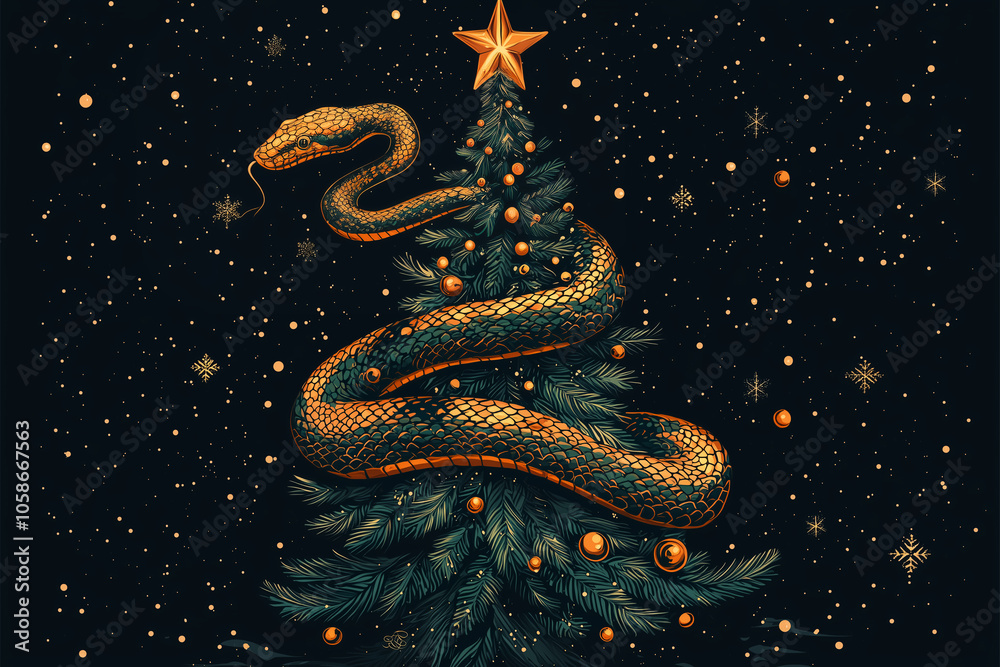 Chinese New Year design vector illustration of a snake and Christmas Eve on a solid black background. design for cards, stickers, calendars, and banner 