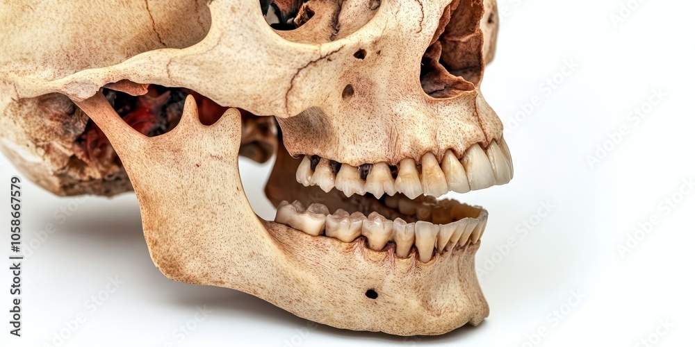 Isolated human skull with lower jaw attached on transparent background, ideal for anatomical visuals. Isolated human skull with lower jaw attached on transparent background, ideal for anatomical visuals.