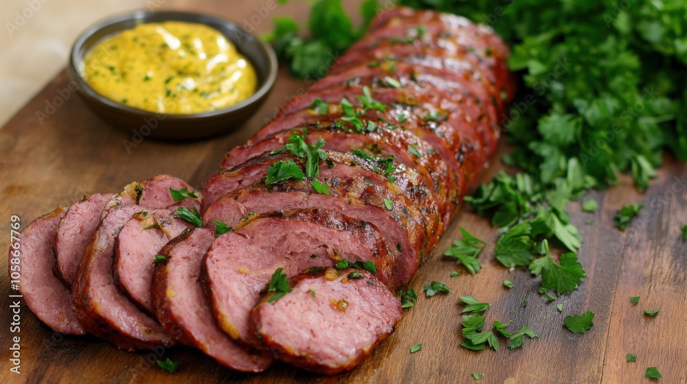 Sliced smoked sausage on a serving board, garnished with fresh parsley and mustard dip. Sliced smoked sausage on a serving board, garnished with fresh parsley and mustard dip.
