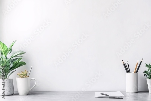 Grey-walled office corner with minimalist desk