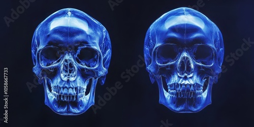 High-quality X-ray images of a normal human skull, front and side views in blue tone on black.