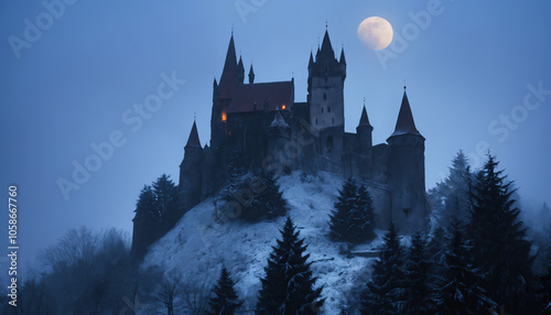 The castle of count Dracula under moonlit night sky. 