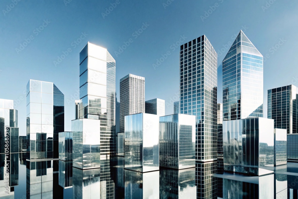 Skyscrapers with sharp, crystalline structures, reflecting fragmented light like prisms.