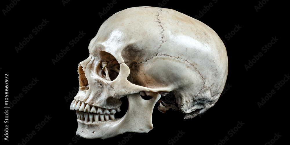 Obraz premium Human skull on a dark background, minimalist and detailed, ideal for artistic or educational use.