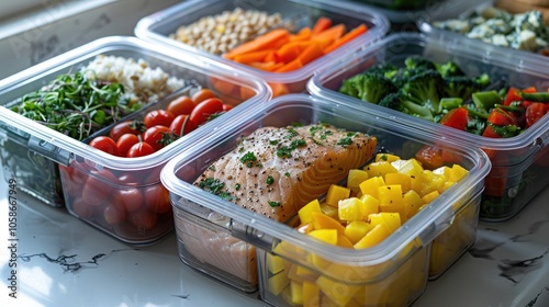 Vibrant Meal Prep Featuring Fresh Vegetables, Nutritious Grains, and Lean Proteins in Clear Plastic Containers, Representing Thoughtful Diet Planning and Health-Conscious Portion Control for Balanced 