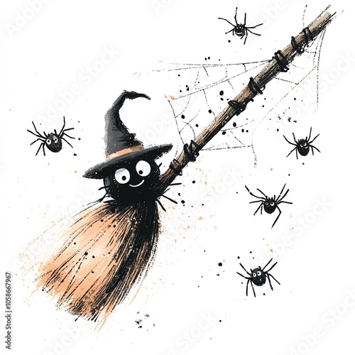 cute cobwebs tangled around a witchs broom, with smiling spiders, cartoonish style, simple lines, pastel colors, magical and playful Halloween scene photo