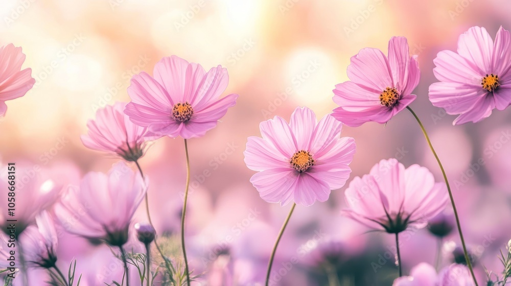 Delicate pink cosmos flowers sway gently in a field bathed in warm, golden sunlight. Delicate pink cosmos flowers sway gently in a field bathed in warm, golden sunlight.