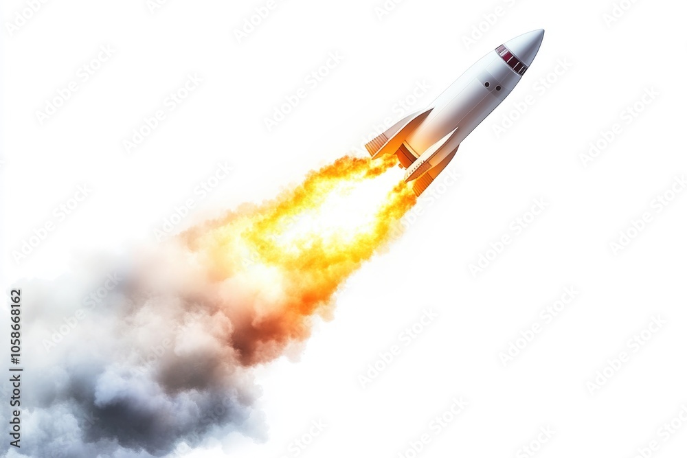 Blurred rocket ascending into space against a cloudy sky