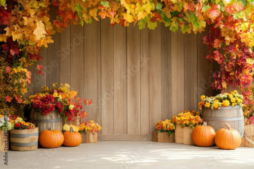 vibrant autumn scene featuring pumpkins and colorful leaves, creating warm and inviting atmosphere perfect for fall celebrations