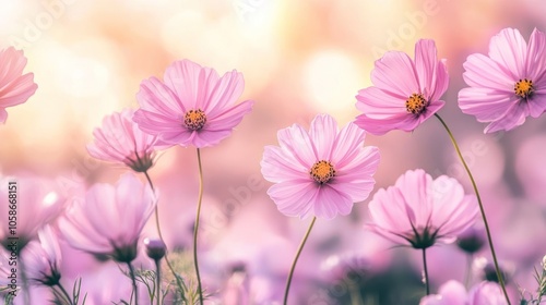 Delicate pink cosmos flowers sway gently in a field bathed in warm, golden sunlight.