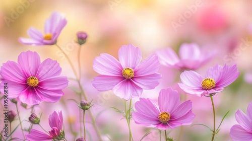 A close-up of a field of pink cosmos flowers with a soft, blurred background.