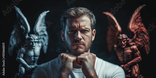 Man contemplating moral choices with angel and devil figurines on his shoulders, symbolizing inner conflict.